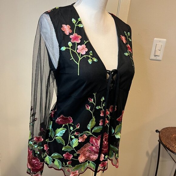 Venus Black Floral Embroidered Mesh Blouse, Size Medium - Picture 7 of 16